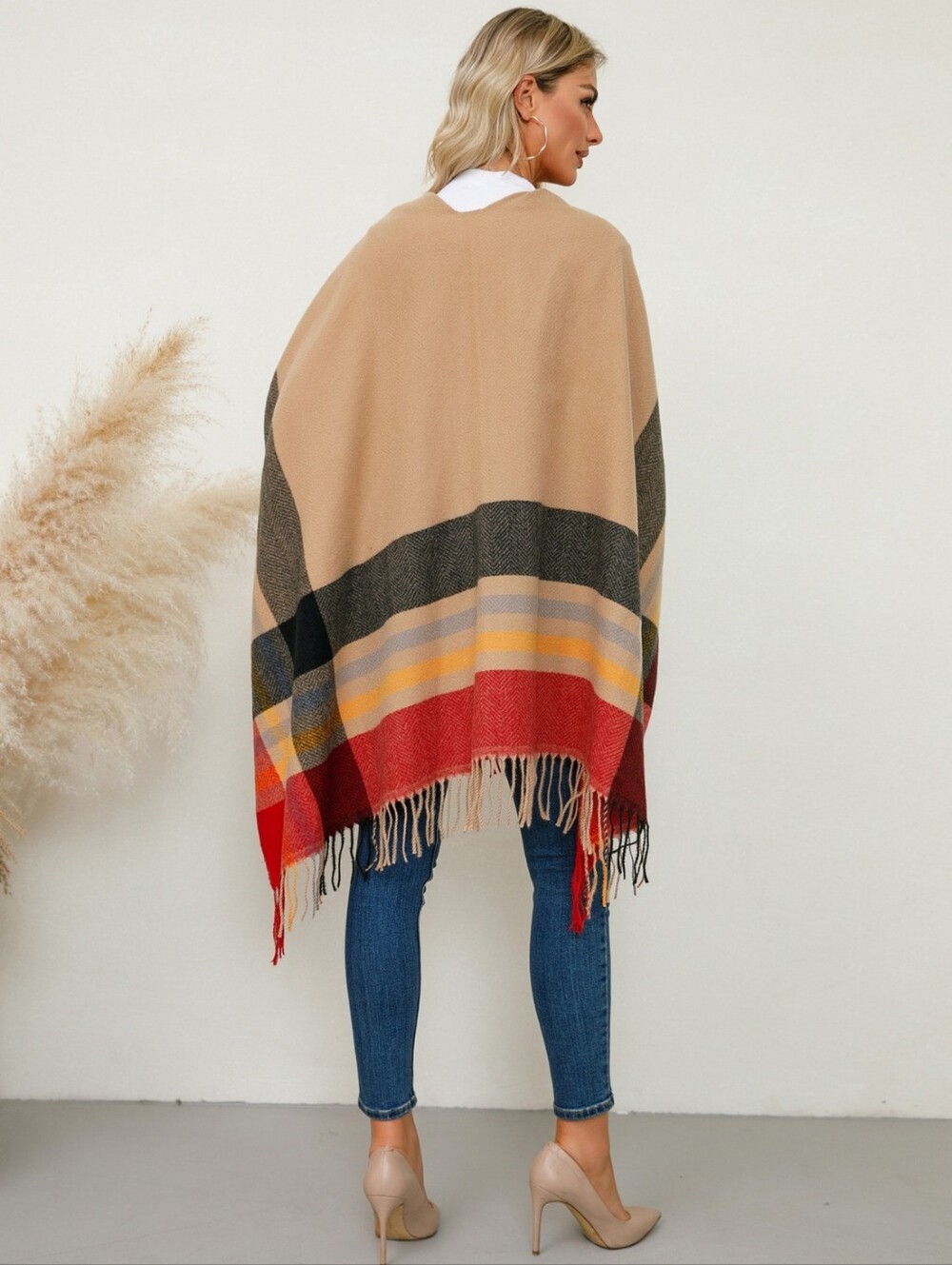 Beige Plaid Fringe Poncho Wrap - Picture 2 of 7